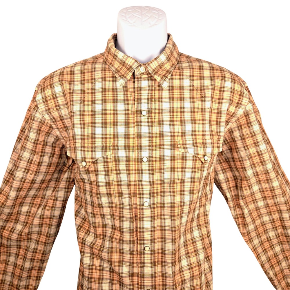 Polo Ralph Lauren Western Plaid Sawtooth Pearl Snap‎ Shirt Mens XL Brown Orange